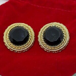 Vintage Large Gold Tone Rope Big Black Faceted Stone Clip On Earrings